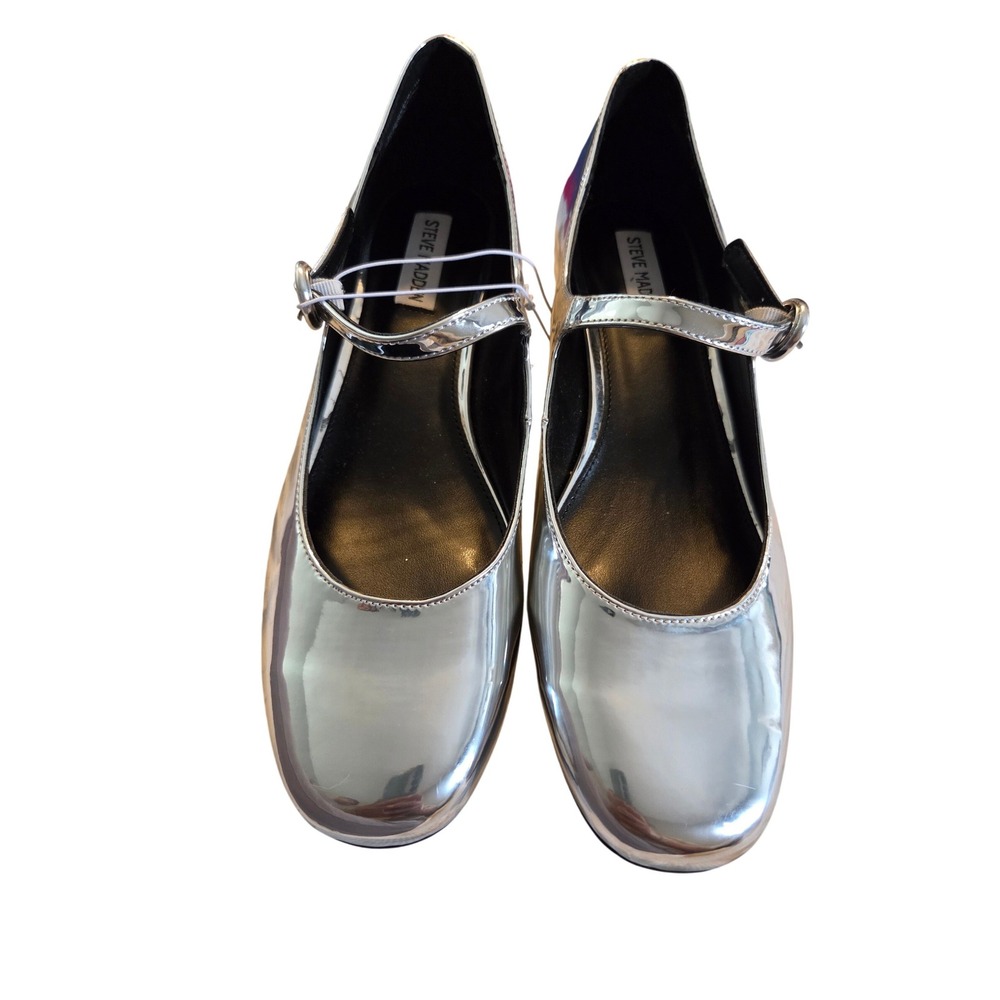 Steve Madden Silver Metallic Mary Jane Block Heel Shoes - Picture 1 of 4